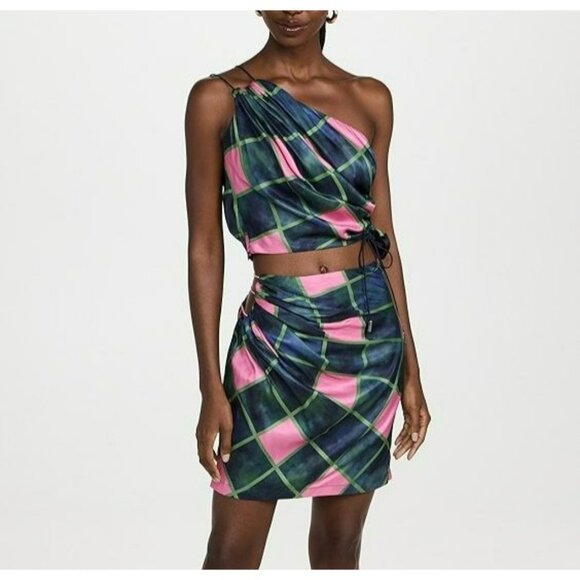 Ahluwalia Dresses & Skirts - NEW Ahluwalia Side Cutout Ruched Satin Mini Skirt Pink Green Forest Fairy